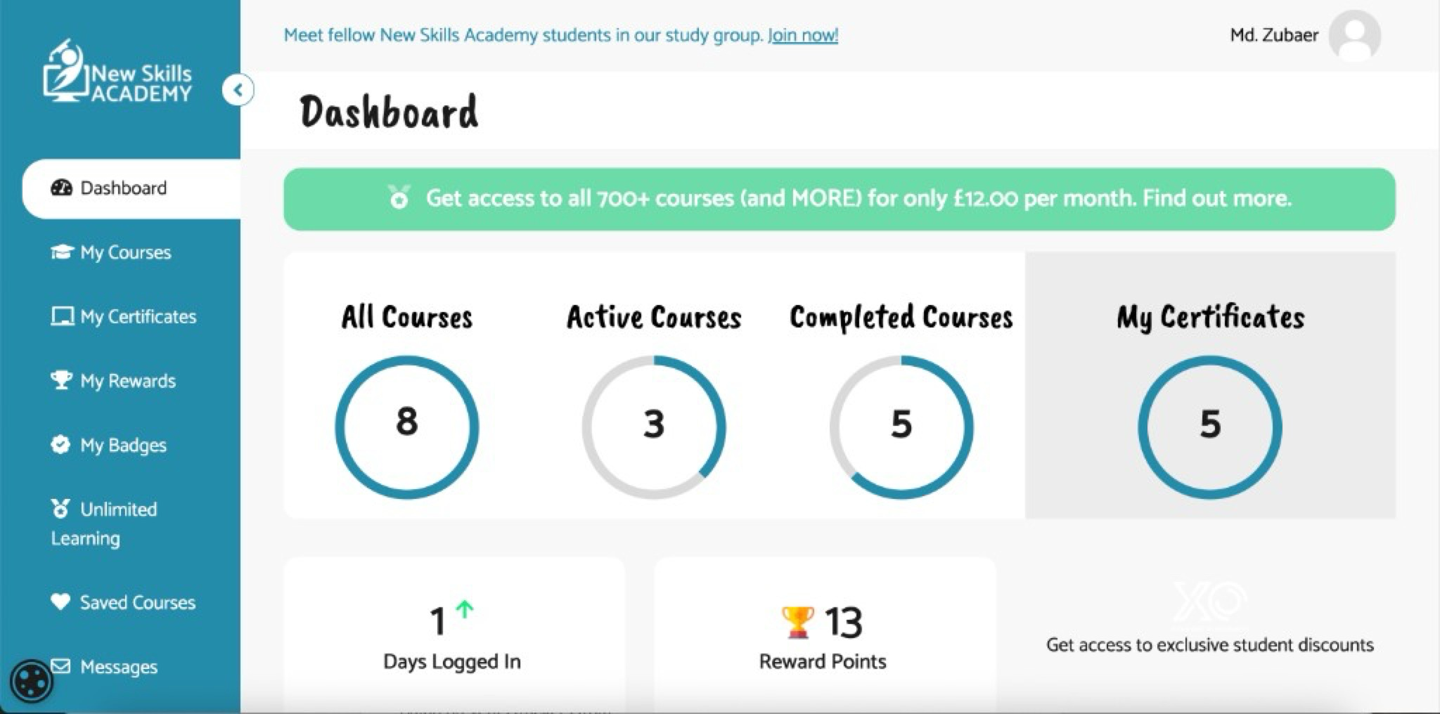 New Skills Academy learner dashboard