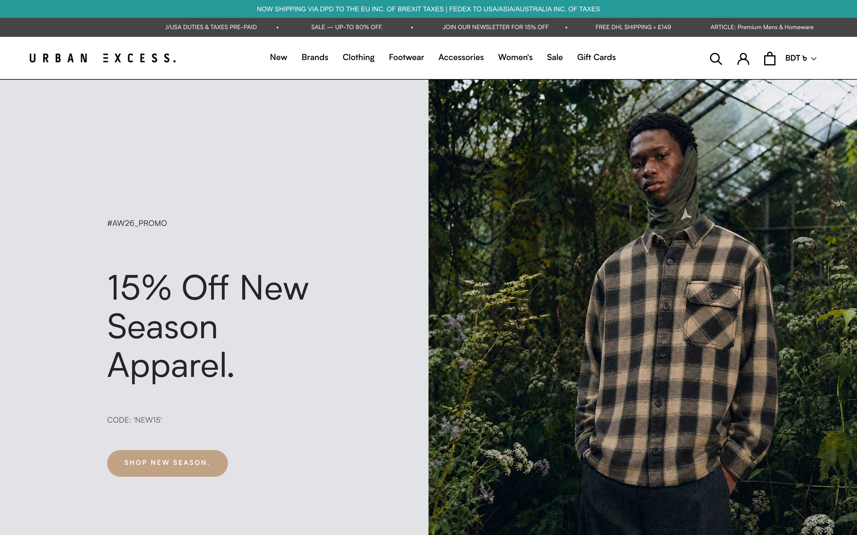 Urban Excess Shopify homepage